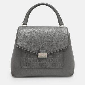 Ch Carolina Herrera Small Silver Monogram Embossed Leather Top Handle Bag